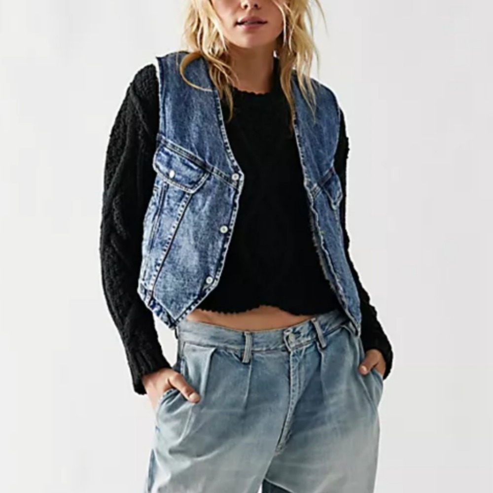 Free People We The Free Florence Ranch Western Denim Sherpa Vest Blue Size M
